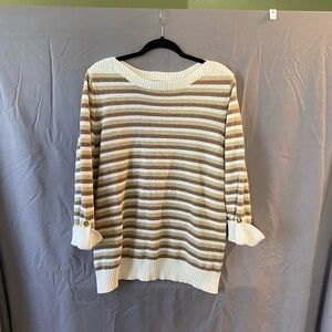 Karen Scott Cream and Tan Striped Scoop-Neck Sweater